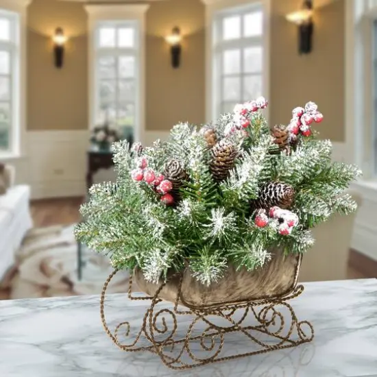 10" Dunhill Fir Sleigh With Snow, Berries & Cones {3}