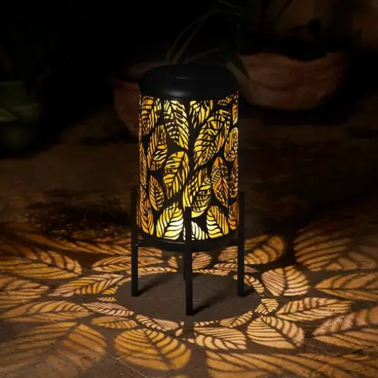 Glitzhome&reg; 14.25" Black Metal Cutout Leaves Pattern Solar Powered LED Outdoor Lantern {6}