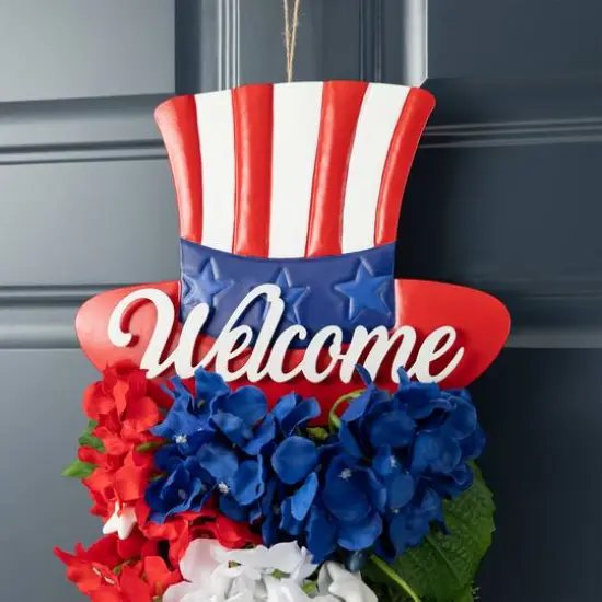Glitzhome&reg; 22.5" Patriotic Americana Metal Top Hat & Hydrangea Swag Wall D&eacute;cor {6}