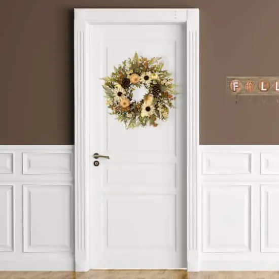 28" White Sunflowers & Pumpkins Fall Harvest Wreath {4}