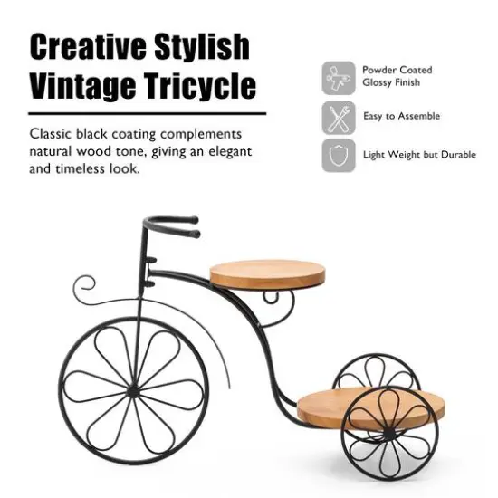 Glitzhome&reg; 24" Black Metal Tricycle Planter Stand with Solid Wood Tray {6}