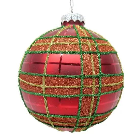 4" Red Glitter Plaid Glass Ball Ornament by Ashland&reg; {1}