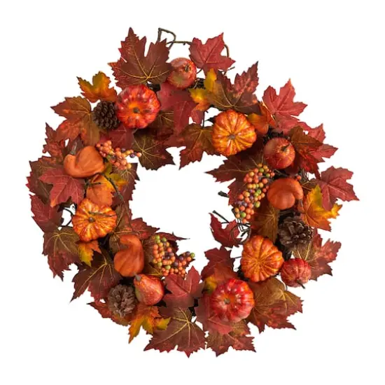24" Autumn Maple Leaves, Pumpkin, Pinecone & Berries Wreath {1}
