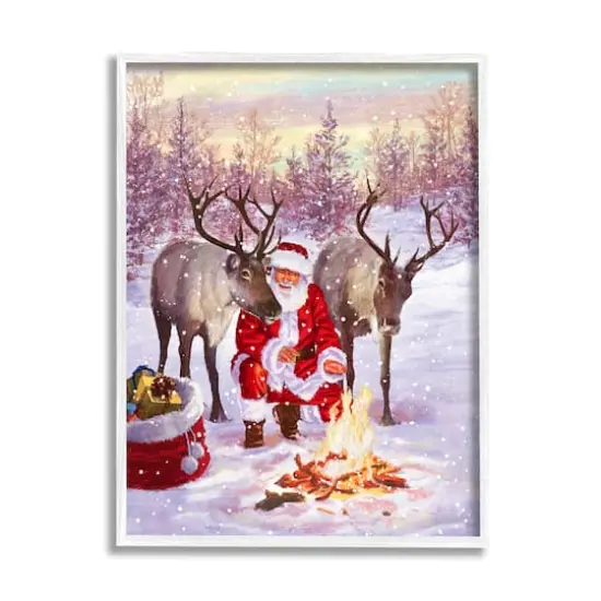 Stupell Industries Santa & Reindeer Bonfire Scene Framed Giclee Art White {1}