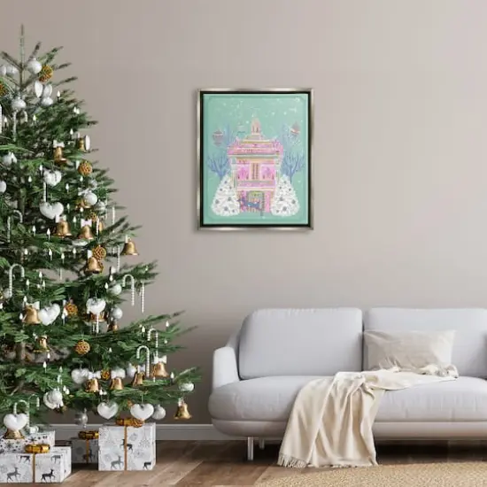 Stupell Industries Pink Ornate Christmas Building Gold Framed Floater Canvas Wall Art Gray {3}