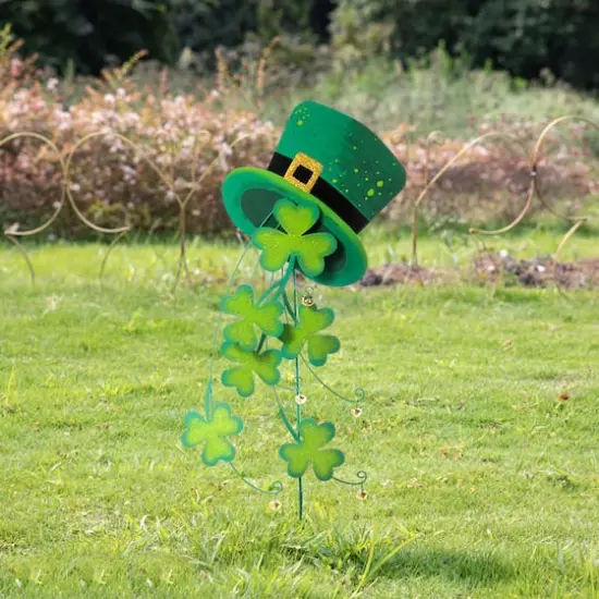 Glitzhome&reg; 42" St. Patrick's Metal Leprechaun Hat Shamrocks Yard Stake {3}