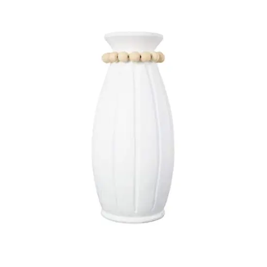20" White Magnesium Oxide Decorative Vase with Light Brown Beads & Carved Grooves {4}