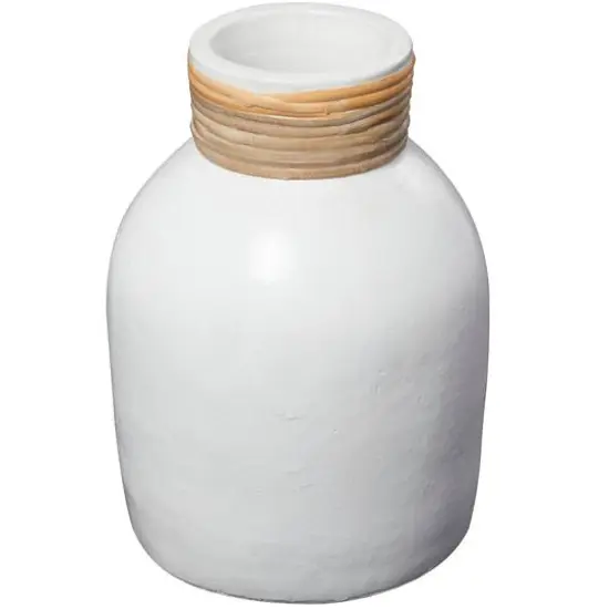 11" White Ceramic Vase with Wrapped Rattan Detailing {5}