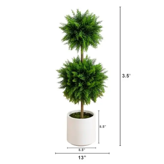 3.5ft. UV Resistant Cedar Double Ball Topiary Tree in White Decorative Planter {5}