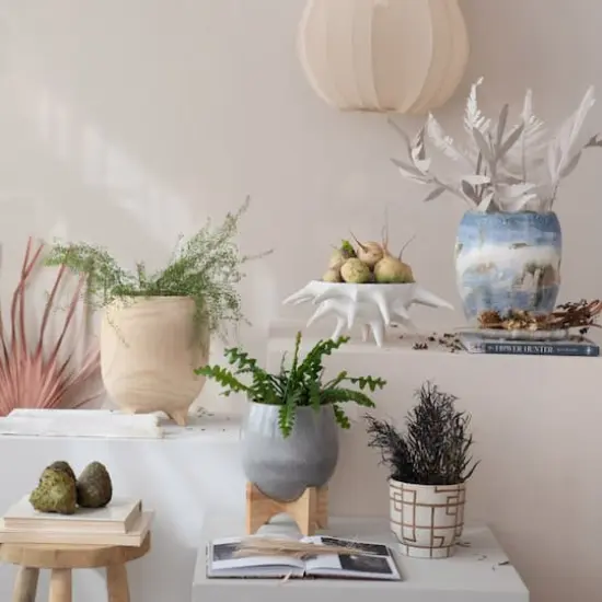 Hello Honey&reg; 8" Gray Reactive Glaze Round Stoneware Planter with Wood Stand {5}