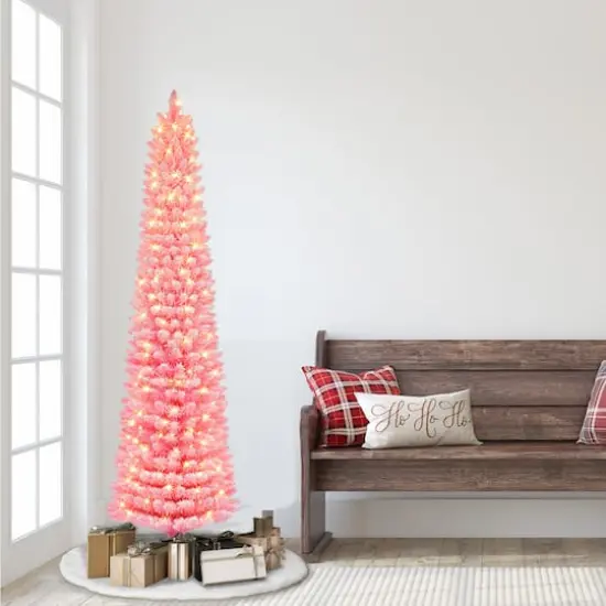 6.5ft. Pre-Lit Flocked Fashion Pink Artificial Christmas Tree, Clear Lights {4}