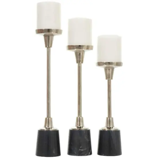 Silver Metal Slim Candle Holder with Black Marble Base Set {1}