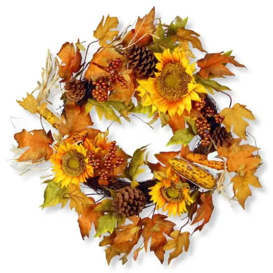 24" Maple Leaf and Sunflower Autumn Wreath {1}