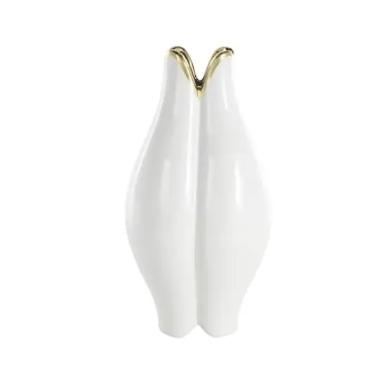 White Ceramic Dimensional Tulip Shaped Vase with Metallic Gold Rim {4}