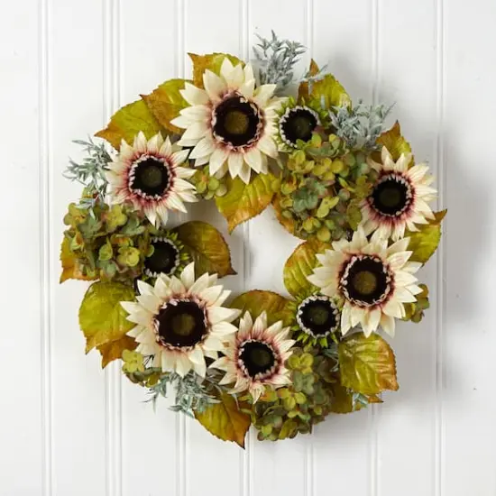 24" White Sunflower & Hydrangea Artificial Autumn Wreath {4}