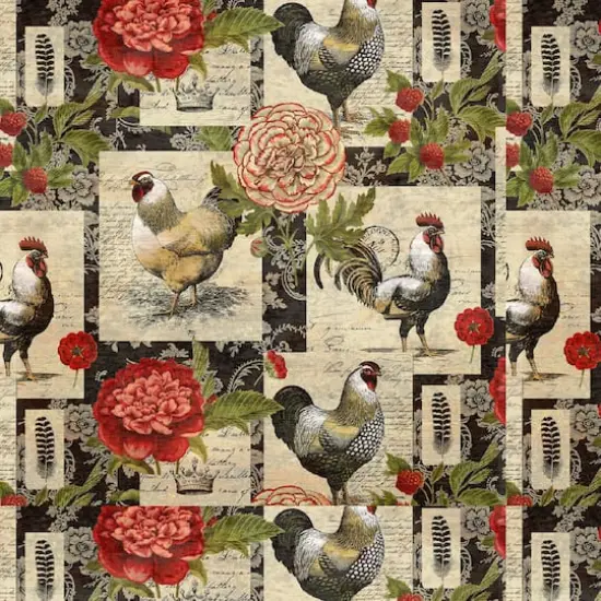 Springs Creative French Rooster Multicolored Floral Patch Cotton Fabric {1}