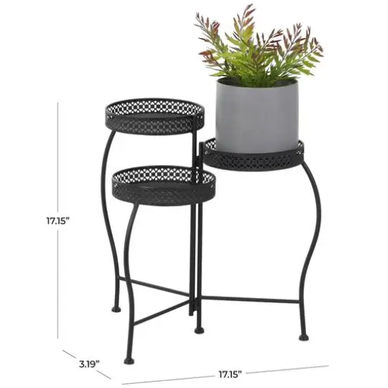 20" Metal Curved Folding 3-Tier Plant Stand with Floral & Scroll Patterns Black {8}