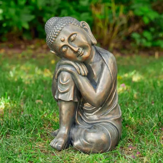 Glitzhome&reg; 18" Faux Bronze Resting Buddha Garden Statue {3}