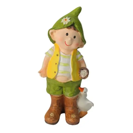9.75" Young Boy Gnome Standing with Duck Spring Outdoor Garden Figure {1}