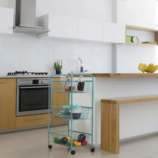 NEX™ Blue Large 3-Tier Rolling Basket Stand with Shelves & Wheels {6}