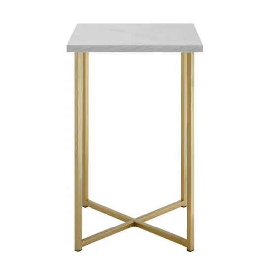Walker Edison Luxe Modern Glam Square Side Table Faux White Marble/Gold {4}