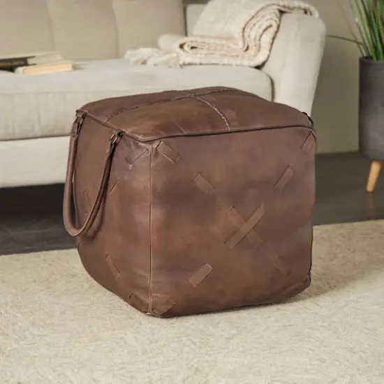 22" Leather Pouf with Woven Straps & Handles Dark Brown {3}