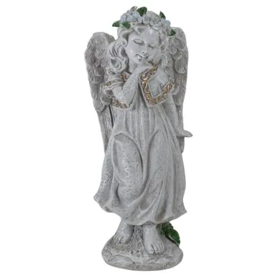 10" Gray Angel Girl with Floral Crown Garden Statue {1}