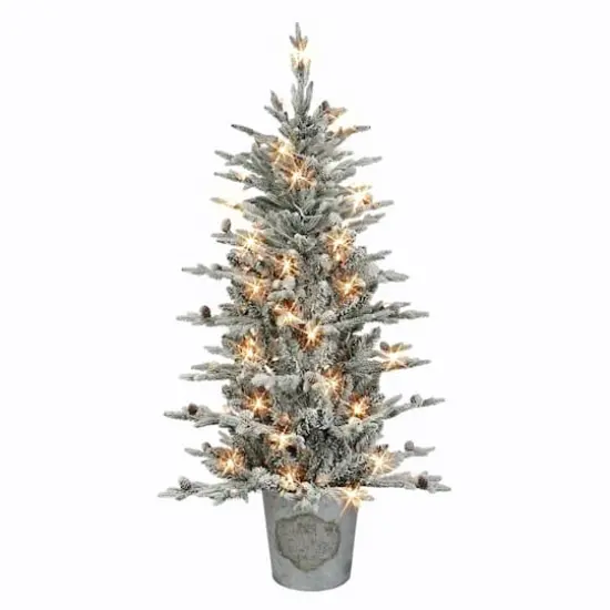 4.5ft. Pre-Lit Flocked Artificial Christmas Tree in Metal Planter, Clear Lights {1}