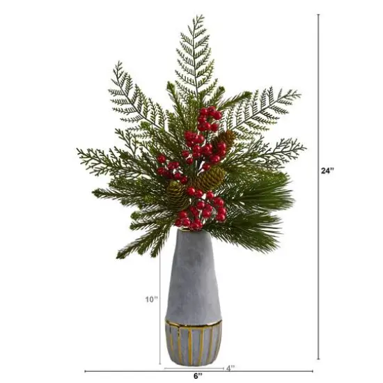 24" Mixed Pine, Pinecone & Berry Arrangement in Stoneware Vase {3}