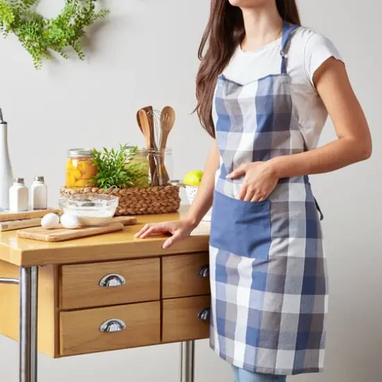 DII&reg; Tri Color Check Chef Apron French Blue {7}