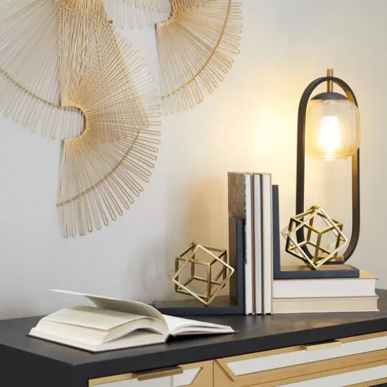 8" Gold Stainless Steel Overlapping Cube Geometric Bookends with Black Bases Set {7}