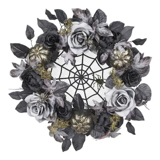 26" Silver & Black Spiderweb & Roses Wreath by Ashland&reg; {1}