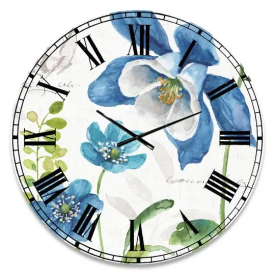Designart 'Blue Columbine Flowers With Butterfly Traditional Wall Clock {1}