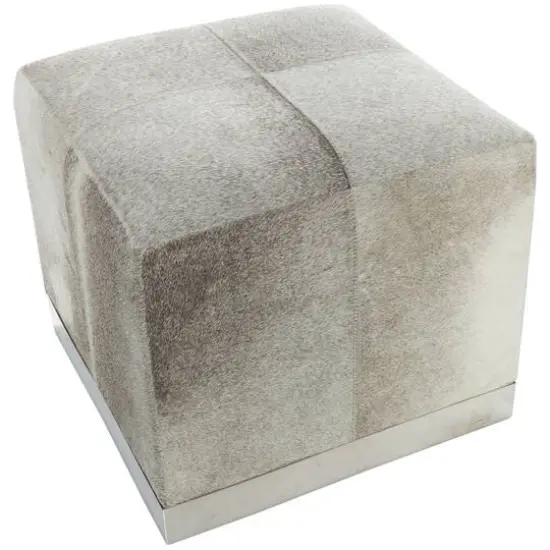 17" Gray Leather Patchwork Pouf with Silver Metal Base {4}