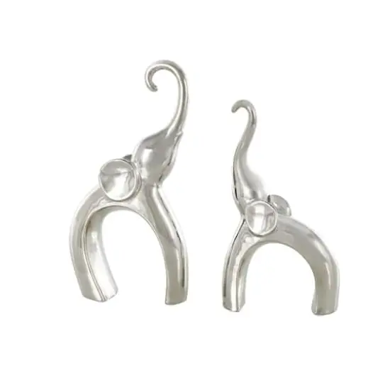 Abstract Arched Elephant Ceramic Sculpture Set Silver {1}