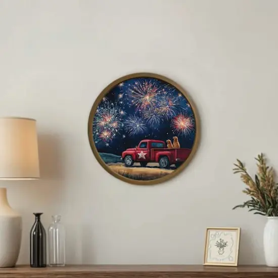 20" Goldens Watching Fireworks Round Framed Print Brown Frame {5}