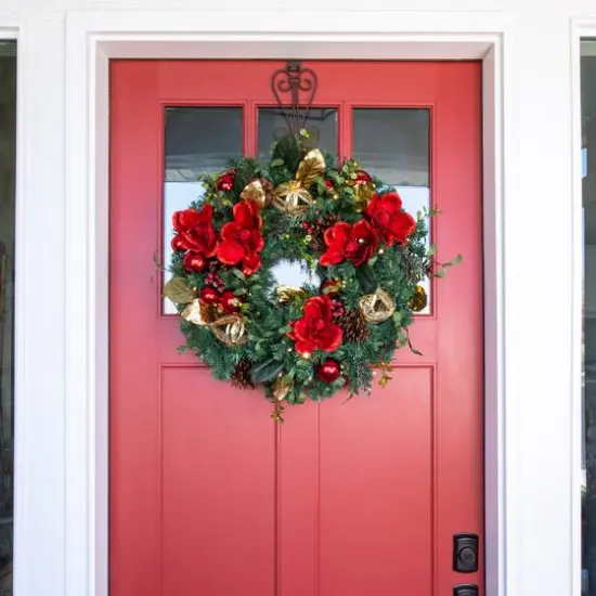 Village Lighting 30" Pre-Lit Red Magnolia Christmas Wreath, Clear LED Lights {6}