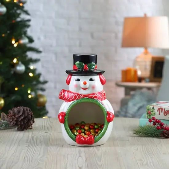 12" Ceramic Musical Snowman Candy Bowl {3}