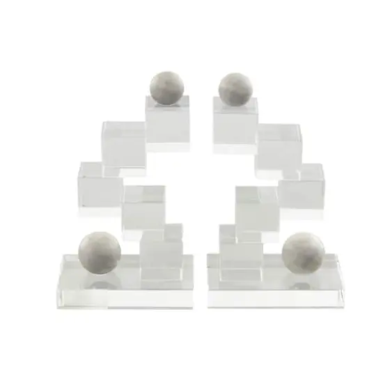 8.25" Clear Glass Stacked Squares Bookends with Silver Orbs, 2ct. {1}