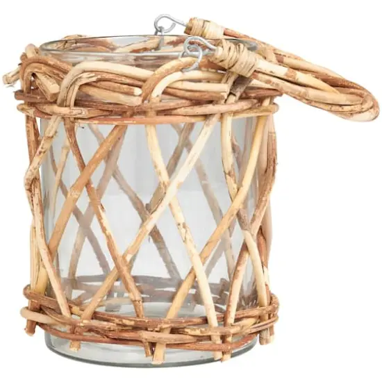 9" Clear Glass Handmade Candle Lantern with Brown Rattan Woven Exterior & Twisted Handle {3}