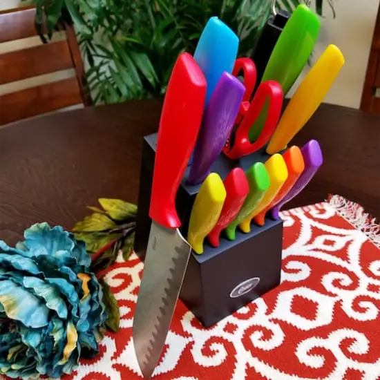 Oster 14 Piece Stainless Steel Assorted Color Cutlery Knife Set with Wood Storage Block {5}