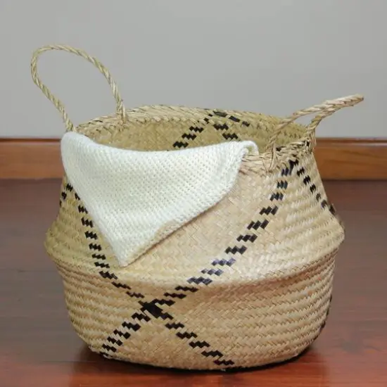 17" Beige & Black Seagrass Belly Basket with Handles {4}