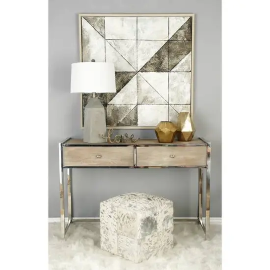 17" White & Silver Leather & Wood Glam Ottoman {5}