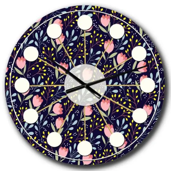 Designart 'Handdrawn Pink Flowers Mid-Century Modern Wall Clock {1}