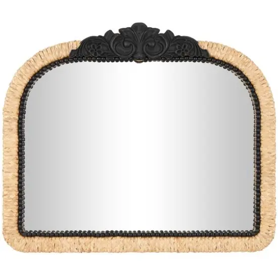 35" Brown & Black Woven Floral Rattan Wall Mirror with Beaded Detailing {1}