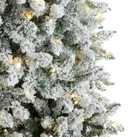 9ft. Pre-Lit Slim Flocked Montreal Fir Artificial Christmas Tree, White LED Lights {5}
