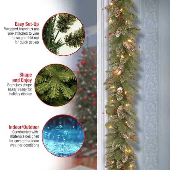 9' x 10" Pre-lit Glittery Mountain Spruce Artificial Christmas Garland with White Edged Cones, Red Berries and 50 Clear Lights {7}