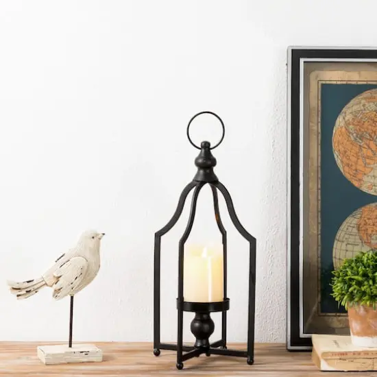 16.5" Modern Farmhouse Black Metal Candle Lantern {3}
