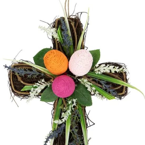13.25" Twig Cross Wall Decoration with Easter Eggs {4}