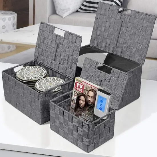 Sorbus 3-Piece Woven Basket with Lid Set Gray {3}